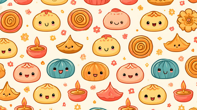 Kawaii festive poster featuring cute smiling laddoos, jalebis, modaks and colorful Indian mithai.