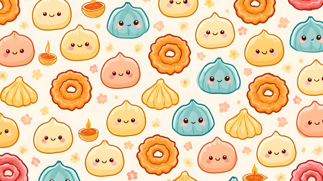 Kawaii festive poster featuring cute smiling laddoos, jalebis, modaks and colorful Indian mithai.