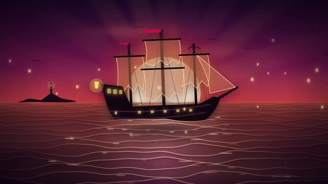 Galleon ship sailing on ocean waves at sunset loop animation. Magical fantasy voyage sailing ship motion background loop