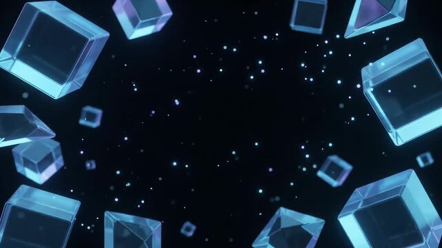 Glowing glass cubes rotate with neon light trails in dark space