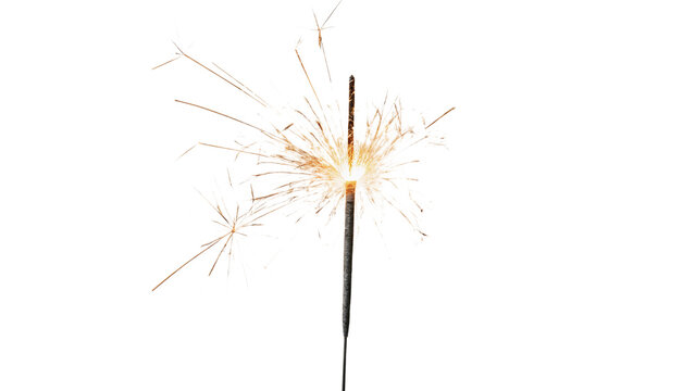 Single lit glowing sparkling festive Christmas celebration sparkler stick isolated on transparent background