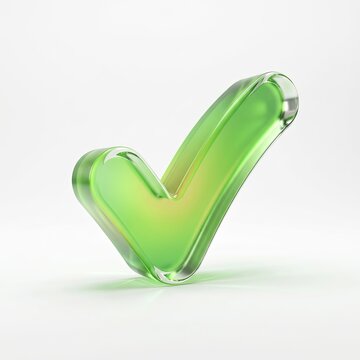 Glossy green glass 3D check mark symbol for approval and success on white background
