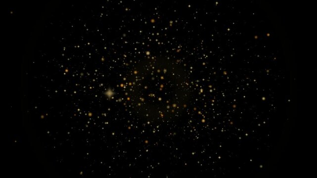 Crackling gold sparkler fizz bursting outward from the middle of a pure black frame in a seamless loop with fine particles thrown out and faint soft rings expanding behind them in editing