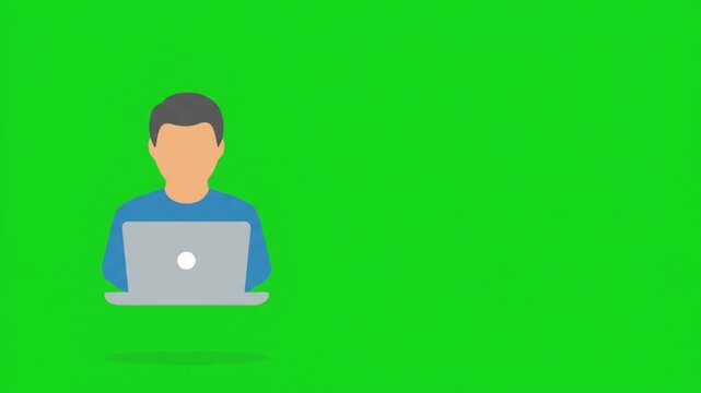 Freelancer Working on Laptop Flat Design Icon with Smooth Animation on Green Screen Background