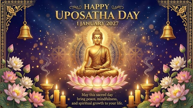Happy Uposatha Day 1 January 2027 &ndash; Golden Buddha on Lotus Flower Spiritual Greeting Card