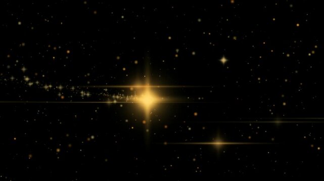 Gold light streaks crossing a pure black frame from several directions in a seamless loop with wide flare bars drifting behind them and sparkle clouds lingering where they pass in post