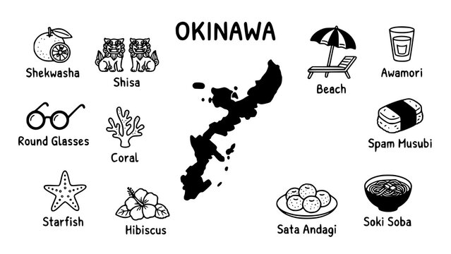 Informative chart of okinawa island specialties and local icons with labels sata andagi soki soba