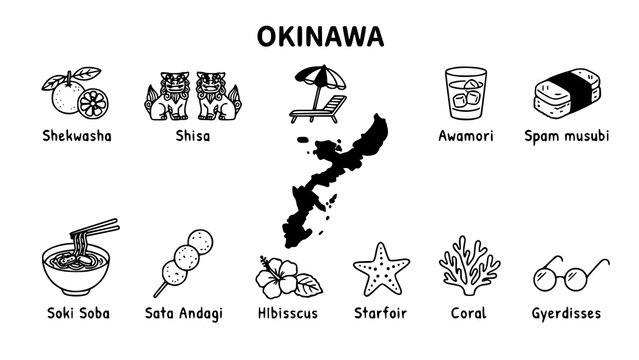 Reference chart of iconic okinawa specialties and local items with text labels sata andagi soki soba