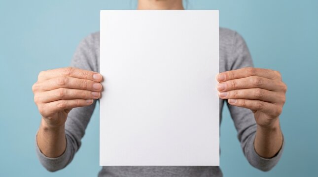 Person holding a blank white paper sheet with both hands against a light blue background for copy space