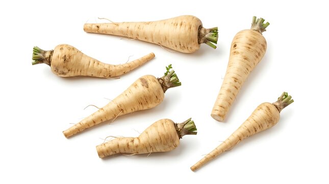 Five fresh parsnip roots with green tops arranged on a white background, showcasing the tapered shape, cream colored skin, and earthy texture of these raw root vegetables for cooking