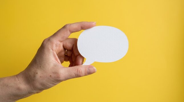 Person holding a blank white speech bubble against a vibrant yellow background symbolizing communication and ideas