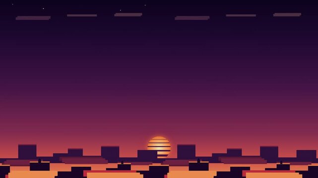 Vibrant pixel art sunset over a futuristic retro cityscape, capturing an 8-bit gaming aesthetic with a nostalgic sci-fi horizon and dynamic colorful gradient sky