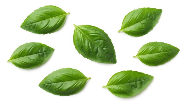 Fresh green basil leaves arranged in a scattered pattern on a white background, highlighting the vibrant color and texture of the aromatic culinary herb used in cooking