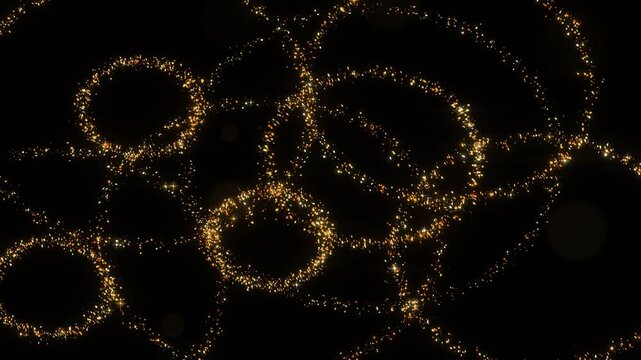 Gold glitter rings overlap into a caustic web on pure black, as expanding circles of metallic flakes cross and interfere, a seamless looping water light pattern, ready for Screen or Add blending