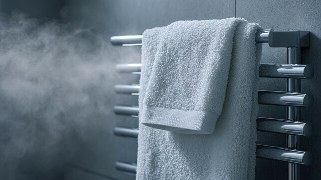 White towel draped over heated metal bathroom radiator with steam rising against dark tiled wall, emphasizing soft fabric texture and modern indoor fixture detail