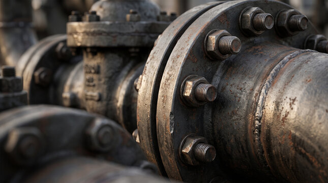 Industrial pipeline components with bolted flanges and heavy metallic valves demonstrate robust engineering for heavy manufacturing infrastructure.