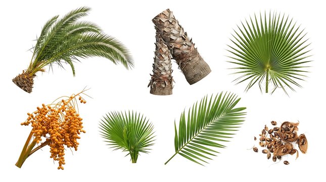 Set of date palm including fronds, tree trunk sections, ripe orange dates, and seeds, isolated on a white background, for botanical study
