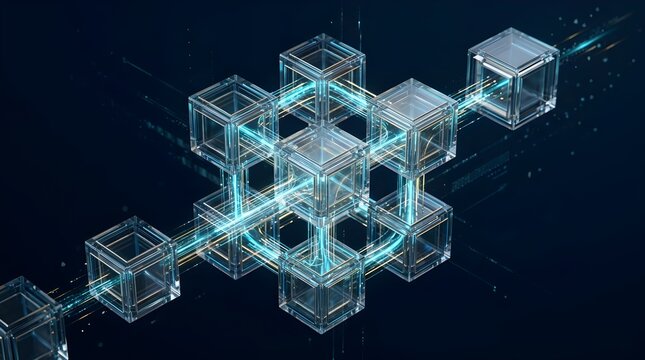 Abstract blockchain technology visualization featuring interconnected transparent geometric blocks and luminous data pathways on deep navy background, copy space