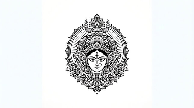 Goddess durga face line art illustration for durga puja festival