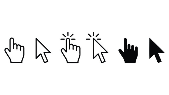 Set of black and white computer mouse cursor and hand pointer icons