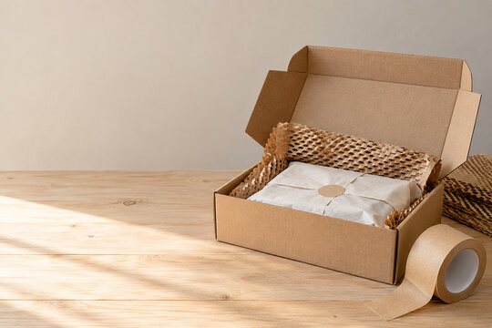 Sustainable cardboard packaging with paper wrap and kraft tape
