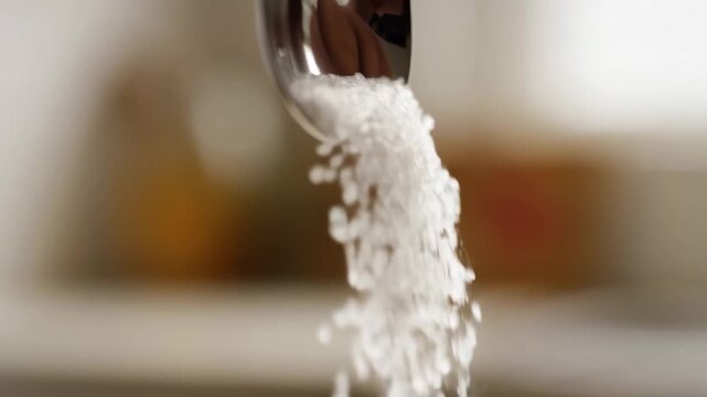 Metal spoon pours granulated sugar in a softly blurred kitchen setting. Recipe videos, baking tutorials, and food preparation content.