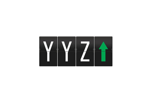 YYZ airport code showing on a split flap display with a green arrow, symbolizing arrivals or departures at a busy international travel hub, on a transparent background