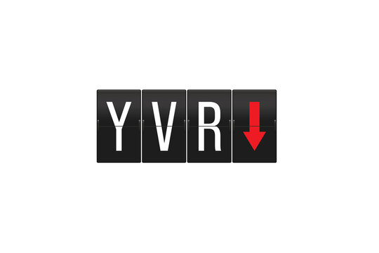 Vancouver International airport code YVR on a retro split-flap display with a downward arrow, representing arrivals or decreasing trends, presented on a transparent background