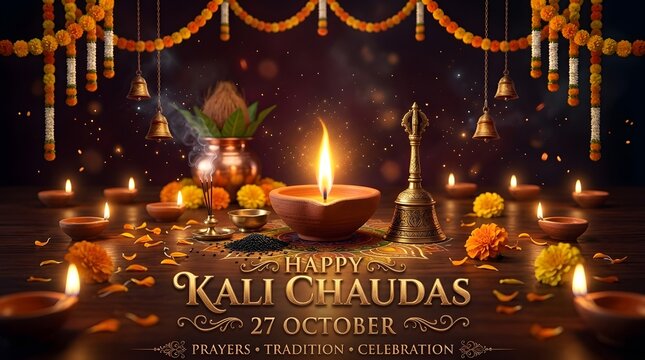 Happy Kali Chaudas 27 October Festival Greeting with Traditional Diya, Marigold Flowers and Hindu Ritual Decorations