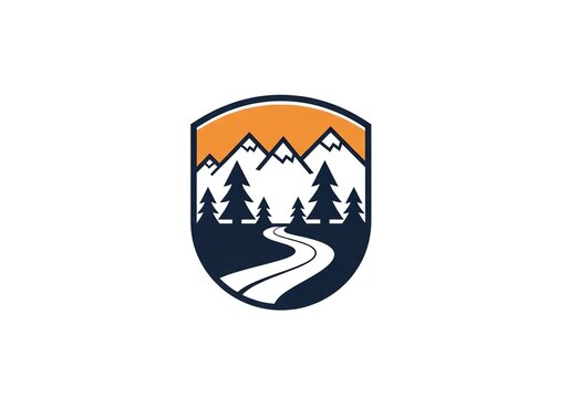 Shield logo featuring mountain landscape and winding road.