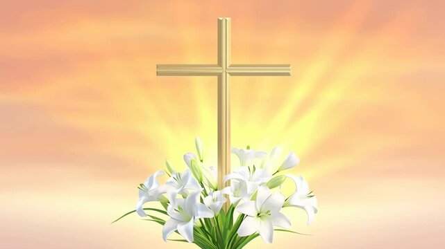 Christian cross rises above blooming white flowers in radiant sunrise light. Religious holiday greeting, easter church media, and memorial tribute.