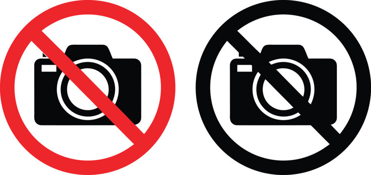 Two no signs with a camera icon, one featuring a red circle and slash, the other a black circle and slash on a white background