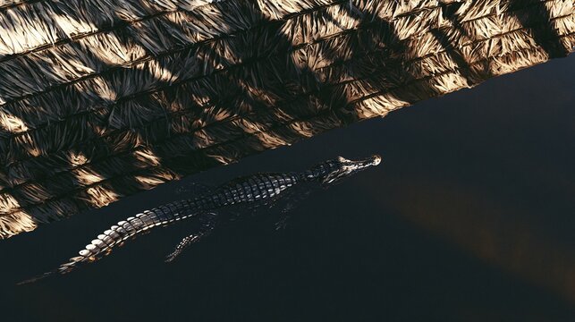 Black caiman moving through dark swamp water reflecting a thatched eco resort roof