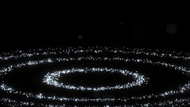 Silver glitter ripples spread across a tilted dark surface, flattened into ellipses by the viewing angle so the frame reads as water, a seamless looping surface overlay, ready for Screen blending