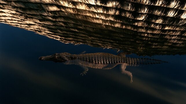 Black caiman moving through dark swamp water reflecting a thatched eco resort roof