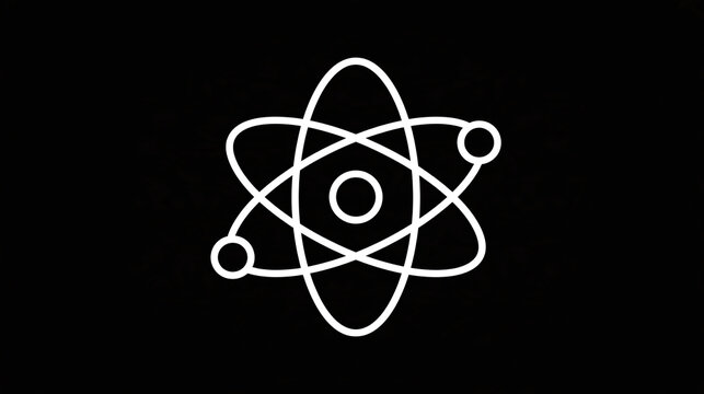 White atom symbol with electron orbits on black background for science
