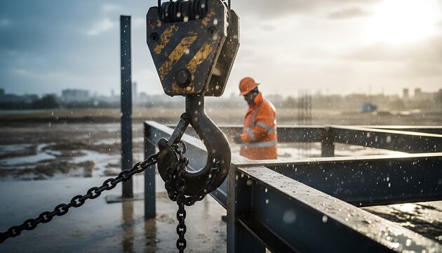 Construction worker standing near a heavy crane hook and steel beams on a rainy day at a building site with a blurred city skyline in the background