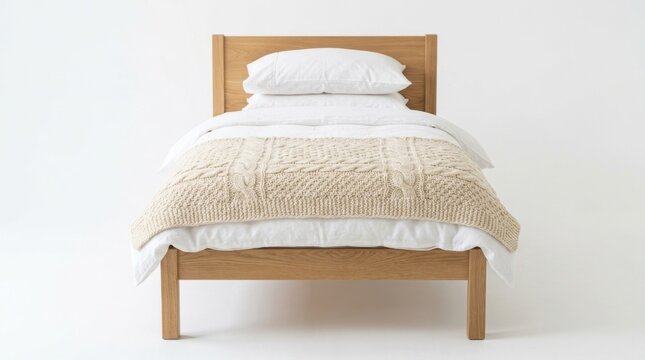 Comfortable single wooden bed with white linens and a cozy knitted blanket on a clean background