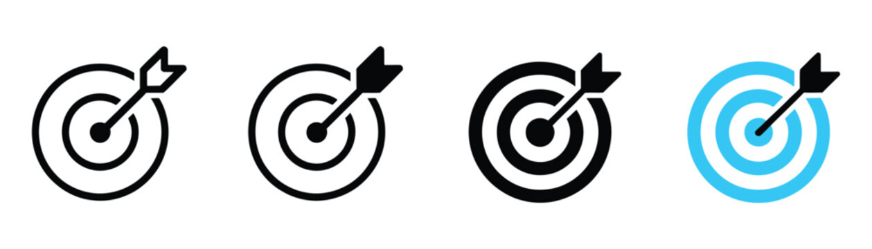 Target icon set. Success goal symbol. Flat vector dartboard pictograms for strategic planning, focus, accuracy, vision and corporate performance design.   