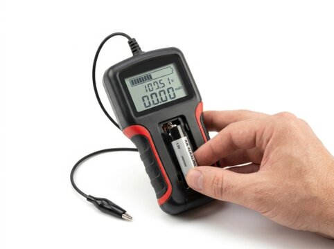 Hand inserting battery into digital tester device for power measurement