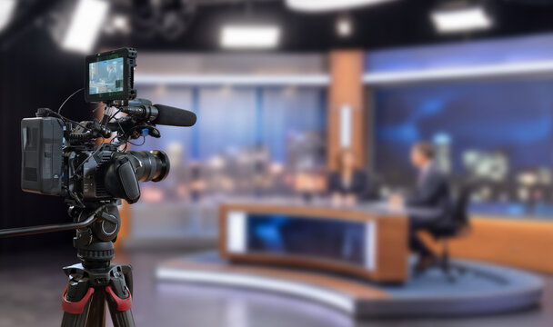 Tv news studio background with video camera. Broadcast live stream show banner with copy space