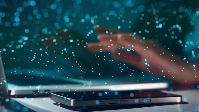 A person is typing on a laptop while a smartphone is placed on the table. The setting features blue digital effects, giving a tech-focused atmosphere.