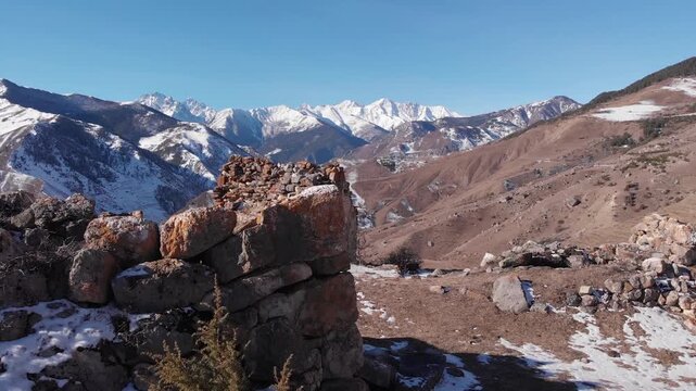 The Caucasus, North Ossetia. Alagir Gorge. A burial crypt in the mountains.