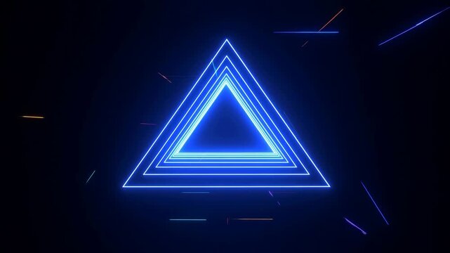 Neon triangles expand and shift amid light streaks in a dark digital space. Technology presentation, digital event opener, and gaming stream.