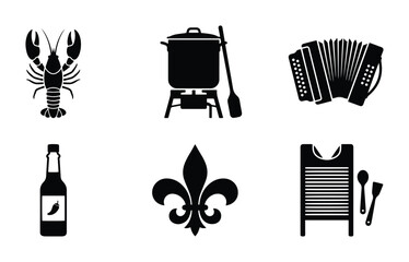 Cajun food festival icons set with lobster, boiling pot, accordion, hot sauce and fleur de lis for menu or signage © Mursalin