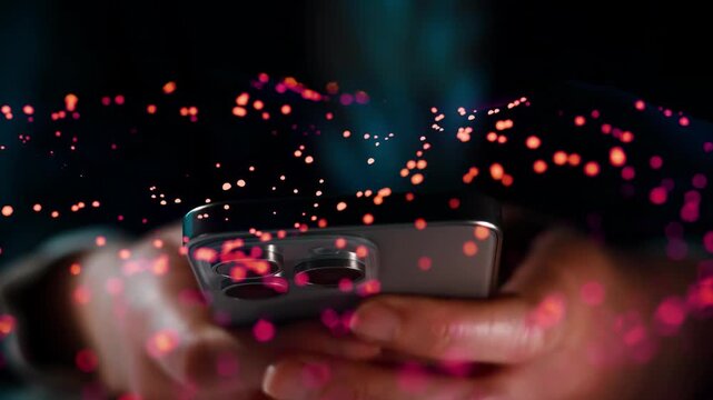 A person is holding a smartphone in their hands. Colorful particles appear to float around the device. This scene takes place in a digital environment, likely indoors.
