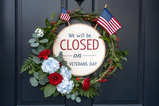 We Will Be Closed on Veterans Day Wreath, Floral Patriotic Veterans Day Closed Sign, Red Blue Veterans Day Door Wreath, Business Closed Veterans Day Floral Notice, Rustic Veterans Day Closure Wreath G