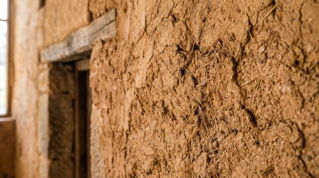 Close up view of an old weathered adobe mud wall with a wooden door frame in a rustic setting