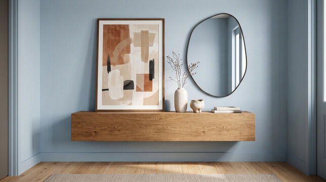 Modern entryway with floating wooden console, pale blue wall, oversized abstract artwork, sculptural mirror, ceramic objects, strong geometric composition.