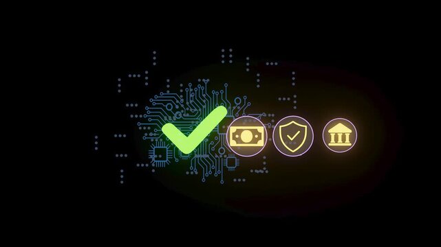 Graphics show a green check mark, dollar sign, shield, and bank icon. The design highlights digital security for online finance. The background has a circuit pattern.